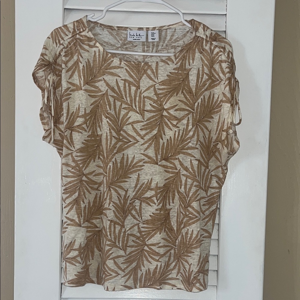 Nicole Miller NY 100% Linen  Beige and Brown Palm Print Top
